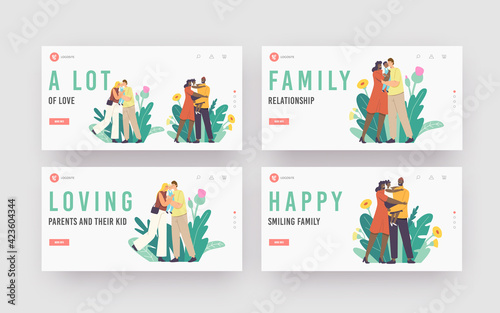 Family Love and Tenderness Landing Page Template Set. Loving Parents Kiss Baby. Caucasian and African Mother and Father
