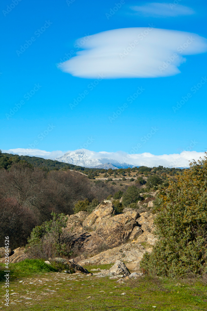 Fototapeta premium lenticular cloud over the snowy Guadarrama range
