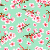 Watercolor seamless pattern with blooming cherry on a light green background 