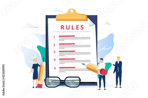 Rules vector illustration. Flat tiny regulations checklist persons concept. Restricted graphic writing with law. photo