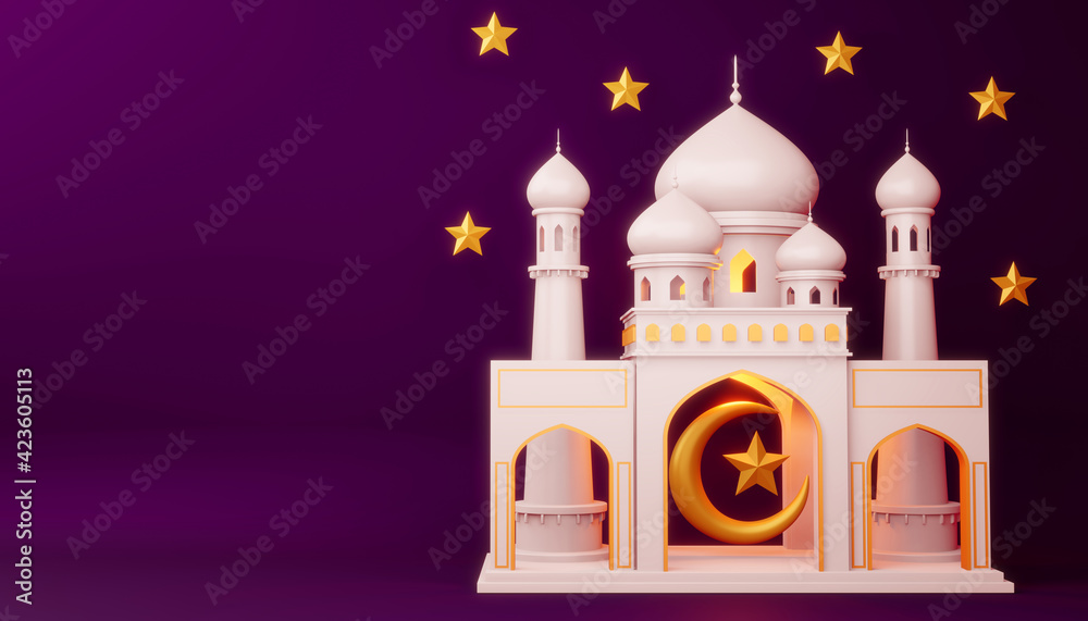 Ramadan Kareem background, mosque building, 3d rendering illustration.