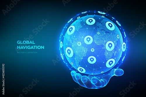 Global Positioning System. GPS tracking services. Navigation concept. Navigate mapping technology, locate position pin. World map point and line composition. Earth globe in hand. Vector illustration.