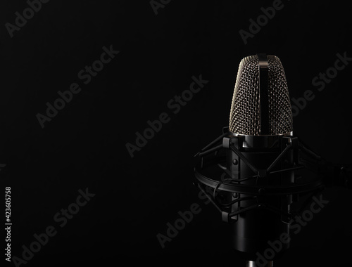 Studio microphone in studio on a black background.Advertising school vocals, readings te text, podcasts