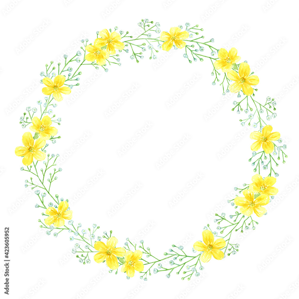 黄色い花とかすみ草のフレーム　円枠　水彩イラスト