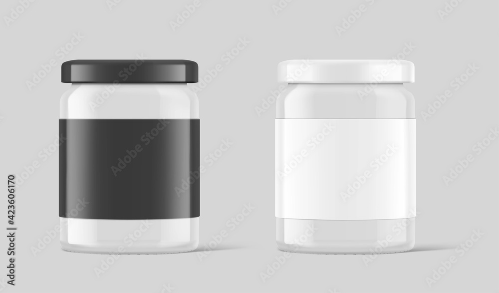 Black and white glass jar mockup isolated on gray background. Vector illustration. Front view. Сan be used for food, cosmetic and other needs. EPS10 Black and white glass jar mockup isolated on gray background. Vector illustration. Front view. Сan be used for food, cosmetic and other needs. EPS10