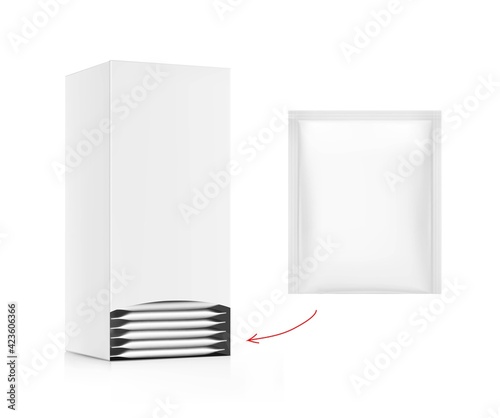 Realistic cardboard box with sachet mockup. Perspective view. Vector illustration isolated on white background. Ready for your design. EPS10.	