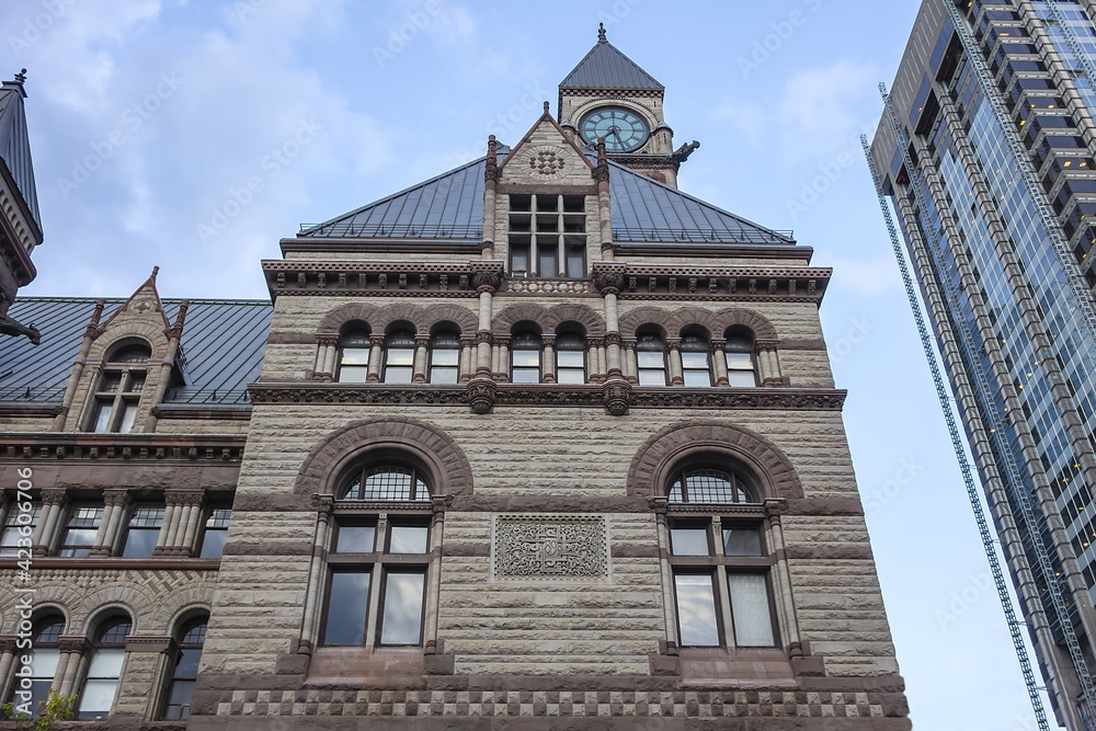 Architectural fragments of Toronto's Old City Hall. Toronto's Old City Hall (1899) was home to its city council from 1899 to 1966 and remains one of city's most prominent structures. Ontario, Canada.