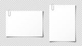Realistic blank paper sheet in A4 format on transparent background. Notebook page, document with steel paper clip. Design template or mockup. Vector illustration.