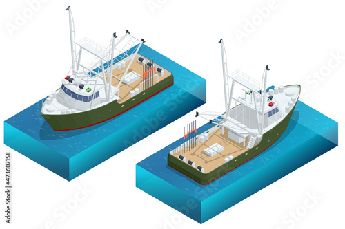 Isometric shipping seafood industry boat isolated on white background. Sea fishing, ship marine industry, fish boat. Fishing boat, fishing vessel