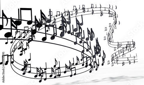 Fototapeta Naklejka Na Ścianę i Meble -  Music background design.Musical writing isolated over white.3d illustration of musical notes and musical signs of abstract music sheet.