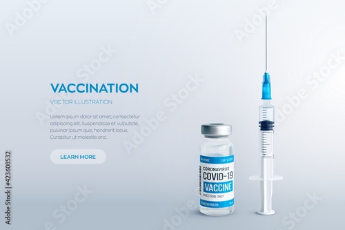 Covid-19 coronavirus vaccine concept. Realistic medical glass vial with metal cap and syringe vector background with copyspace. Vaccination against 2019-nCoV virus. Covid19 immunization treatment.