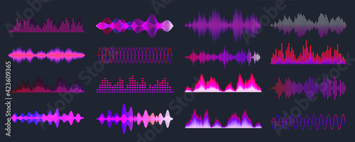 Colorful sound waves collection. Analog and digital audio signal. Music equalizer. Interference voice recording. High frequency radio wave. Vector illustration.