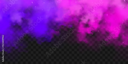 Realistic purple and violet colorful smoke clouds, mist effect. Fog isolated on transparent background. Vapor in air, steam flow. Vector illustration.