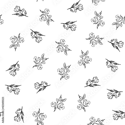 Doodle simple vector seamless pattern of hand-drawn peonies. Seamless random pattern of hand-drawn peonies. Isolated on white background.