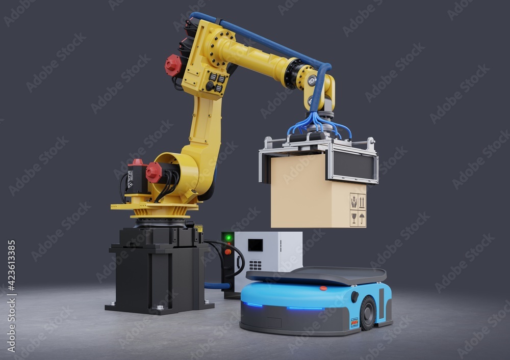 Robot arm concept picks up the box to automated guided vehicle (AGV).