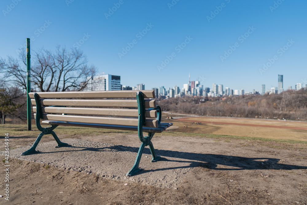 A Bench at Riverdale park to see Toronto City Skyline in the morning Ontario Canada A Bench at Riverdale park to see Toronto City Skyline in the morning Ontario Canada