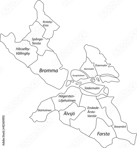 Photography Simple white vector map with black borders and names of districts of Stockholm,