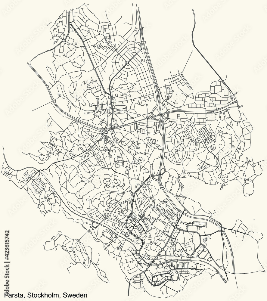 Black simple detailed street roads map on vintage beige background of the quarter Farsta district of Stockholm, Sweden