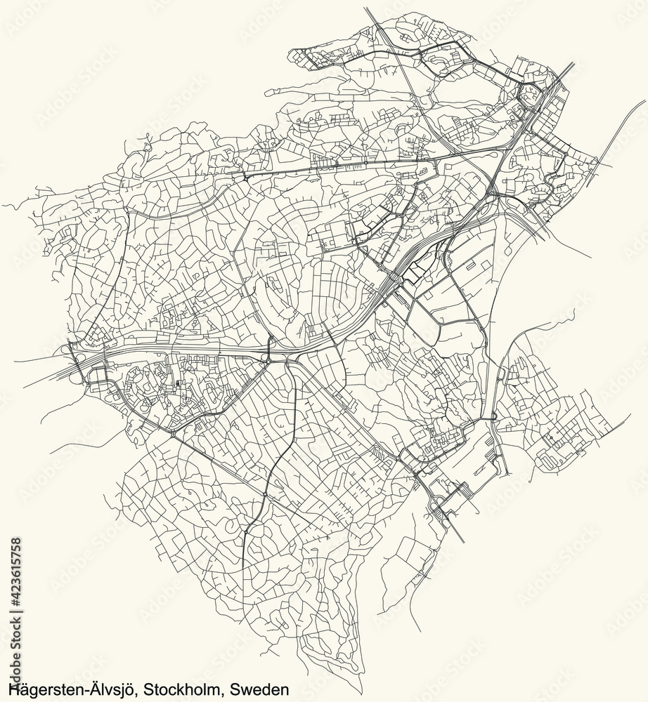 Black simple detailed street roads map on vintage beige background of the quarter Hägersten-Älvsjö district of Stockholm, Sweden