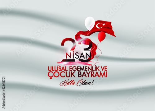 April 23 Turkish national ataturk festival banner cocuk baryrami 23 nisan, tr: April 23 Turkish National Sovereignty and Children's Day, friendship kids  with Turkey flag isolated on white