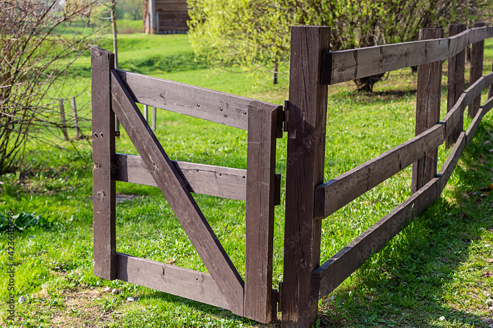 wooden gate entrance to the farm, open wooden gate wooden gate entrance to the farm, open wooden gate