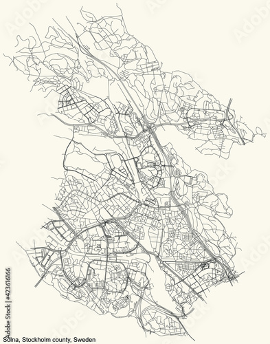 Black simple detailed street roads map on vintage beige background of the quarter Solna municipality of Stockholm county, Sweden