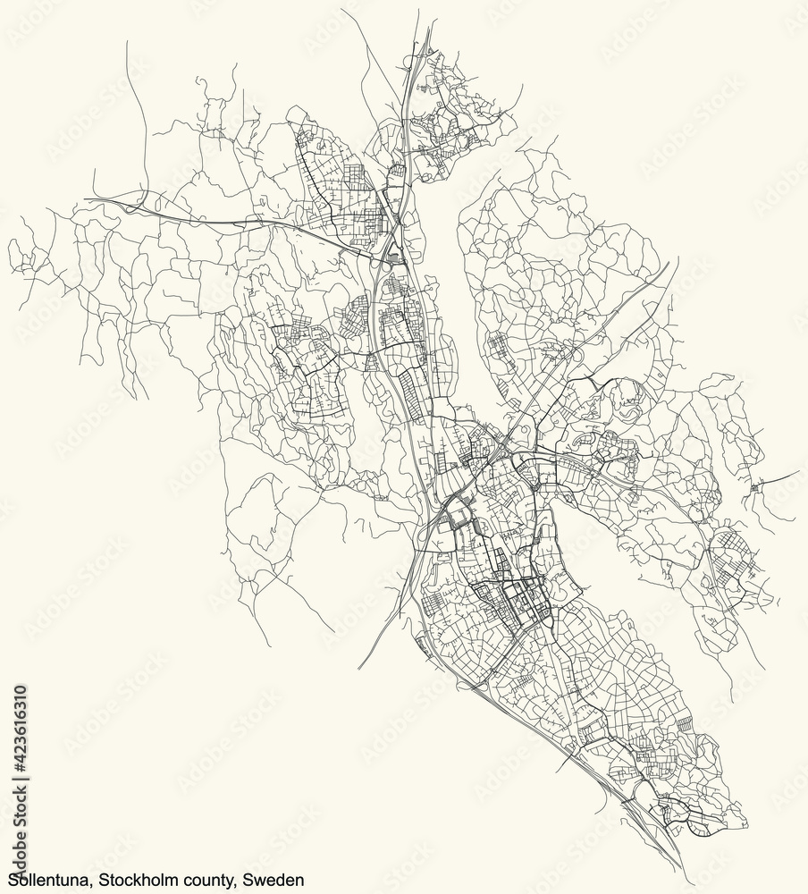 Black simple detailed street roads map on vintage beige background of the quarter Sollentuna municipality of Stockholm county, Sweden