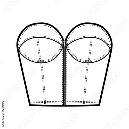 Denim bustier top technical fashion illustration with zip-up closure, cups strapless , slim fit, waist crop length. Flat bra template front, white color style. Women, men, unisex CAD mockup