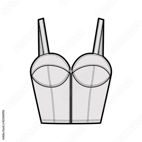 Denim bustier top technical fashion illustration with thin straps, zip-up closure, cups, slim fit, waist crop length. Flat bra template front, grey color style. Women, men, unisex CAD mockup