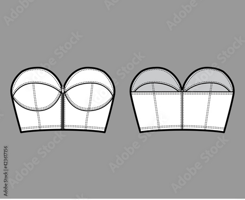 Denim bustier top technical fashion illustration with zip-up closure, cups strapless , slim fit, crop length. Flat bra template front, back, white color style. Women, men, unisex CAD mockup