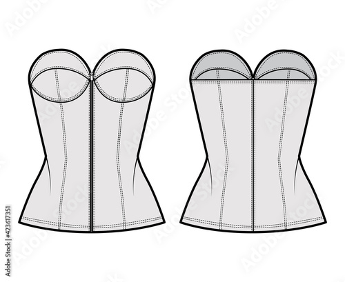 Denim corset top bustier technical fashion illustration with basque, strapless, zip-up closure, cups, fitted body. Flat apparel template front, back, grey color style. Women, men, unisex CAD mockup