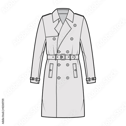 Trench coat technical fashion illustration with belt, double breasted, long sleeves, knee length, storm flap. Flat jacket template front, grey color style. Women, men, unisex top CAD mockup