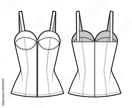 Denim corset top bustier technical fashion illustration with basque, thin straps, zip-up closure, cups, fitted body. Flat apparel template front, back, white color style. Women, men, unisex CAD mockup