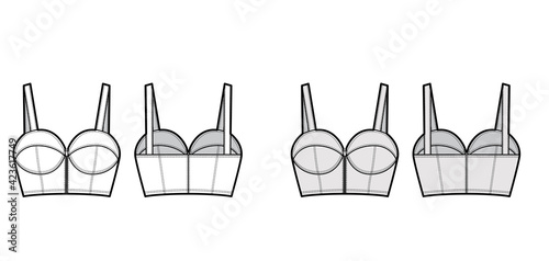 Denim bustier top technical fashion illustration with thin straps, zip-up closure, cups, slim fit, crop length. Flat bra template front, back, white, grey color style. Women, men, unisex CAD mockup