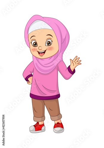 Happy Muslim girl cartoon waving hand