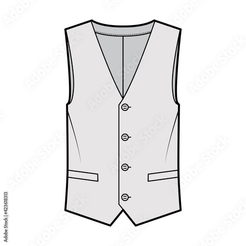 Lapelled vest waistcoat technical fashion illustration with sleeveless, notched shawl collar, button-up closure, pockets. Flat template front, grey color style. Women, men, unisex top CAD mockup