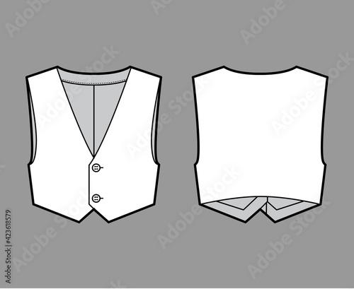 Short vest waistcoat technical fashion illustration with sleeveless, cropped length, V-neckline, button-up closure. Flat apparel template front, back, white color style. Women, men, unisex CAD mockup