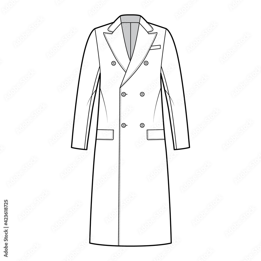 Guards coat technical fashion illustration with double breasted, midi length, round collar peak, flap pockets, half belt. Flat jacket template front, white color style. Women, men, unisex CAD mockup Guards coat technical fashion illustration with double breasted, midi length, round collar peak, flap pockets, half belt. Flat jacket template front, white color style. Women, men, unisex CAD mockup