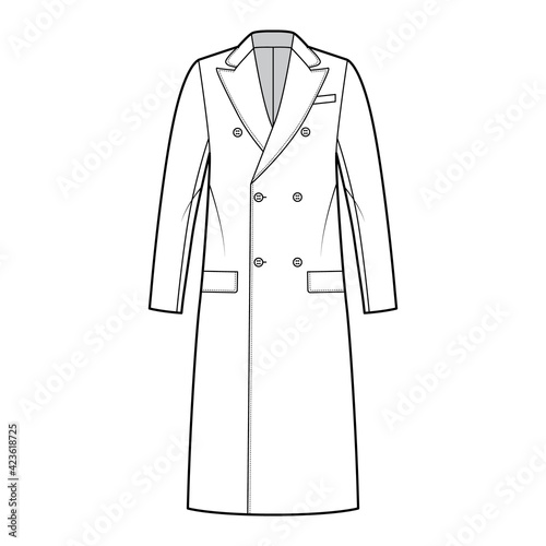 Guards coat technical fashion illustration with double breasted, midi length, round collar peak, flap pockets, half belt. Flat jacket template front, white color style. Women, men, unisex CAD mockup