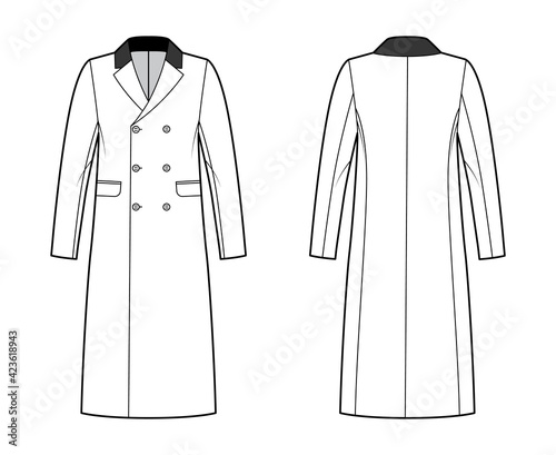 Chesterfield overcoat technical fashion illustration with double breasted, knee length, velvet notched collar. Flat jacket template front, back, white color style. Women, men, unisex top CAD mockup photo