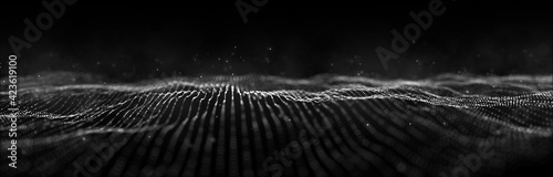 Wave of particles. Dynamic wave on black background. Big data visualization. Data technology abstract futuristic illustration. 3d rendering.