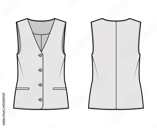 Button front vest waistcoat technical fashion illustration with sleeveless, welt besom pockets, fitted body. Flat apparel template front, back, grey color style. Women, men, unisex top CAD mockup