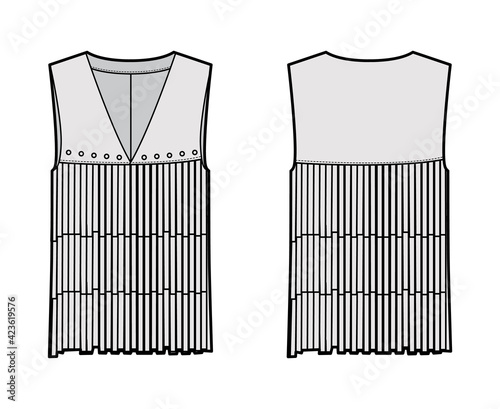 Hippie vest waistcoat technical fashion illustration with fringe, sleeveless, V-neckline, rivets, oversized body. Flat apparel template front, back, grey color style. Women, men, unisex top CAD mockup