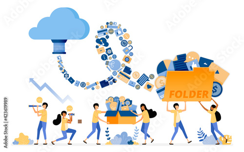 Banner vector design of transfer and save media document data to cloud system storage tech. Illustration concept can be use for landing page, template, ui, web, mobile app, poster ads, banner, website