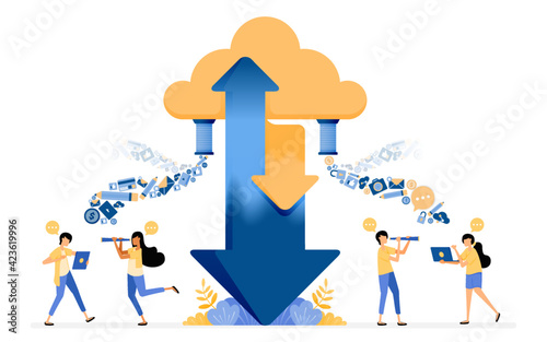Banner vector design of sharing upload and download data to cloud hosting storage services. Illustration concept can be use for landing page, template, ui, web, mobile app, poster ads, banner, website
