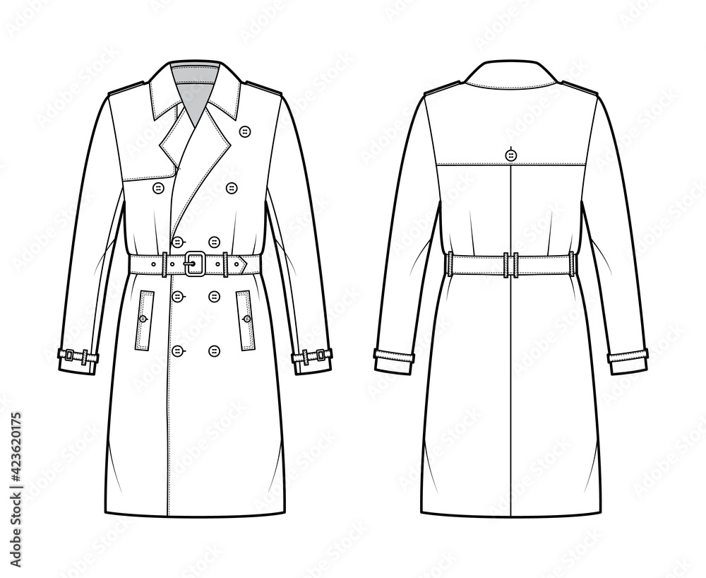 Trench coat technical fashion illustration with belt, double breasted, long  sleeves, knee length, storm flap. Flat jacket template front, back, white  style. Women, men, unisex top CAD mockup Stock Vector | Adobe