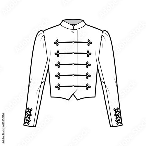 Majorette jacket technical fashion illustration with crop length, long leg o Mutton sleeves, stand collar, button frog closure. Flat blazer template front, white color style. Women, men CAD mockup