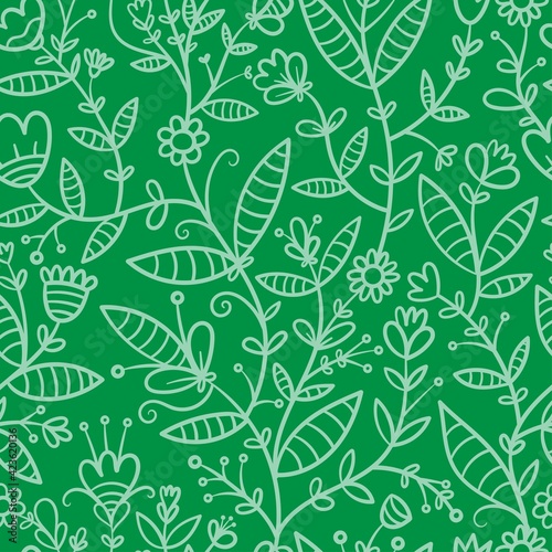 Seamless pattern with different plants and  flowers on green background. Vector print with herbs. Botanical doodle wallpaper.