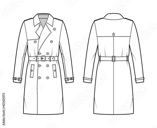 Trench coat technical fashion illustration with belt, double breasted, long sleeves, knee length, storm flap. Flat jacket template front, back, white style. Women, men, unisex top CAD mockup