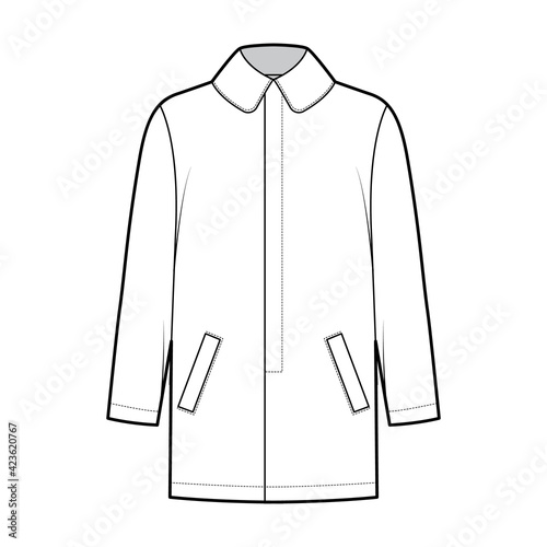 Car coat technical fashion illustration with long sleeves, round lapel collar, oversized body, stitched welt, hide closure. Flat jacket template front, white color style. Women, men, unisex CAD mockup